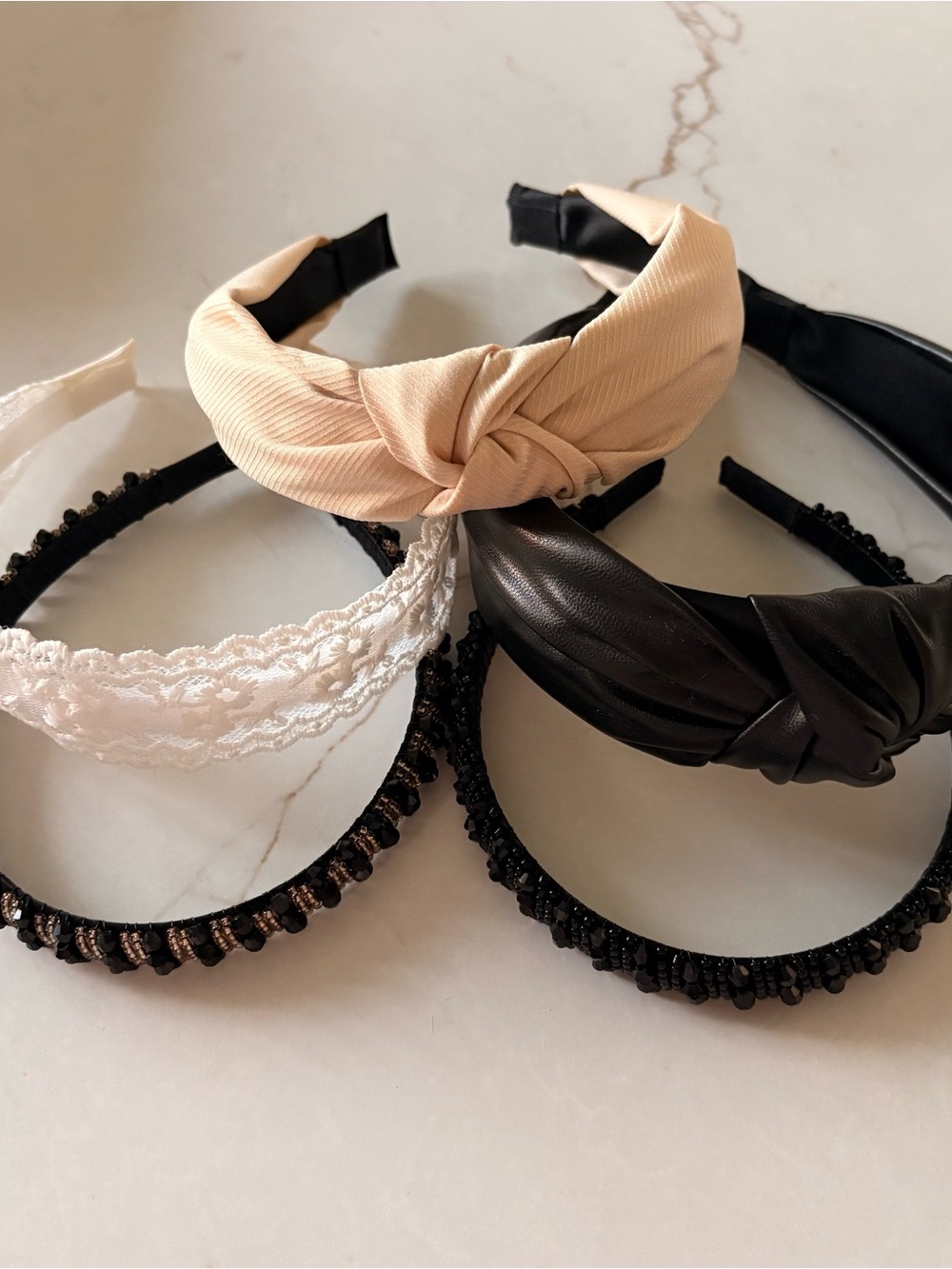 5 Headband Bundle - Beige, Black, White, Beaded Stylish Women's Hair Accessory